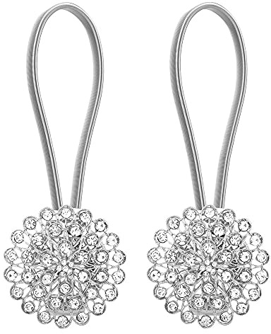 ANCLLO Magnetischer Raffhalter, Kristall-Vorhanghalter, Blüten-Diamant-Clips mit dehnbarem Drahtseil, für Heimbüro-Dekoration (Silberfarben, Schleierkraut) 2 Stück