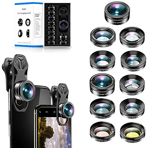 11 in 1 Universal Clip on Handy Kameraobjektiv Kit 205 ° Fisheye 140 ° Superweitwinkel 15X Macro Star CPL ND32 Kaleidoskop 4-Farben-Objektiv für iPhone Samsung Huawei und die meisten Smartphones