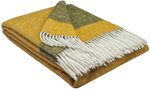 STTS International Wolldecke 100% Schurwolle Wohndecke in versch. Farben Tagesdecke Schurwolldecke Plaid 140 x 200 cm Tirol (Senf-Olive (DF Dreifarbig))