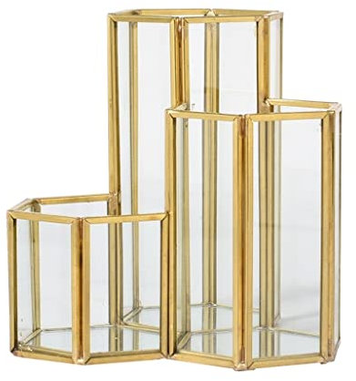 Pot à crayons Porte-stylo 3 emplacements de maquillage en verre brosse Porte-stylo, élégant support de crayon Pot Pot Pot d' or Hexagon Copper Cosmetics Brosse Eyeliners Afficher la tasse de bureau d