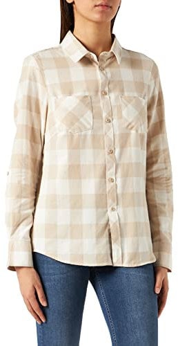 Urban Classics Ladies Turnup Checked Flanell Shirt Chemise, Blanc/Taupe Clair, XS Femme