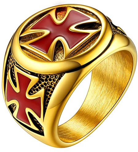 FaithHeart Herren Jungen Fingerring Goldener Tempelritter Kreuz Fingerring Retro Siegelring Bandring in Größe 57 mit Geschenkebox für Weihnachten Geburtstag