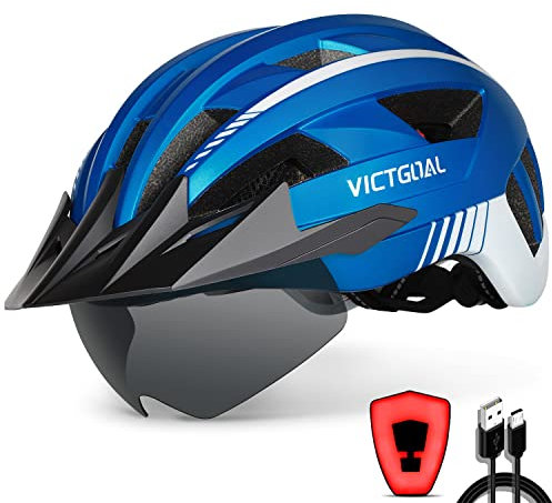 Victgoal Bike Helmet with USB Rechargeable LED Light Removable Magnetic Goggles Visor Breathable MTB Mountain Bicycle Helmet for Unisex Men Women Adjustable Cycle Helmets (XL: 59-63 cm, Metal Blue)