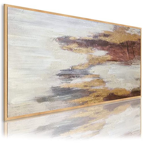 DekoArte - Cuadro Pintado a Mano Abstracto 140x70 cm FOG FIELDS - Cuadros Modernos al Oleo con Marco color madera