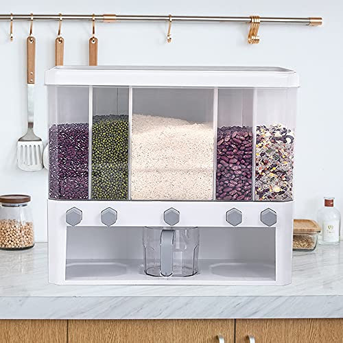 Dispensador de alimentos secos 5 en 1 para montaje en pared, para dulces, cereales, arroz, etc.