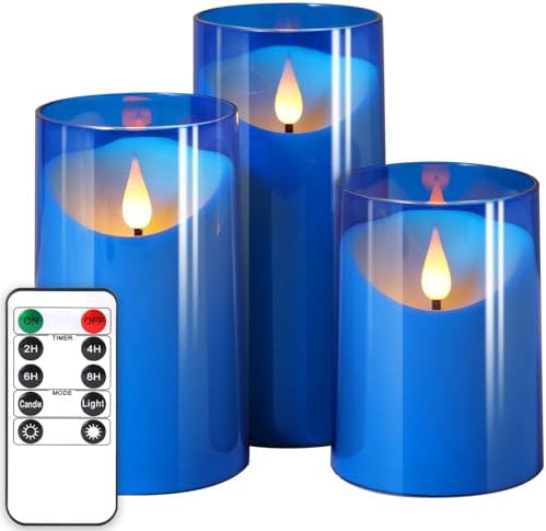 NURADA Flameless Candles: LED Pillar Acrylic Battery Candles with Remote and Timer for Wedding Party Romantic Decor - Pack of 3 Blue