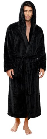 Vulcanodon Bademantel Herren mit Kapuze flauschig voller Länge Plüsch Morgenmantel Männer Fleece (Schwarz, L/XL)