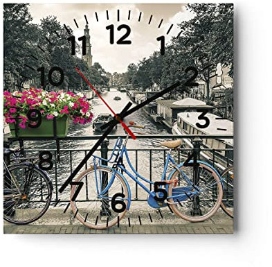 Modern Wanduhr Amsterdam Fahrräder Brücke 40x40cm Quadrat Groß Wand Uhr Glas Analog Zimmeruhren Küche Büro Wohnzimmer Glasuhr Wall Clock Dekoration Design Wanddekoration Küchenuhr C4AC40x40-4503
