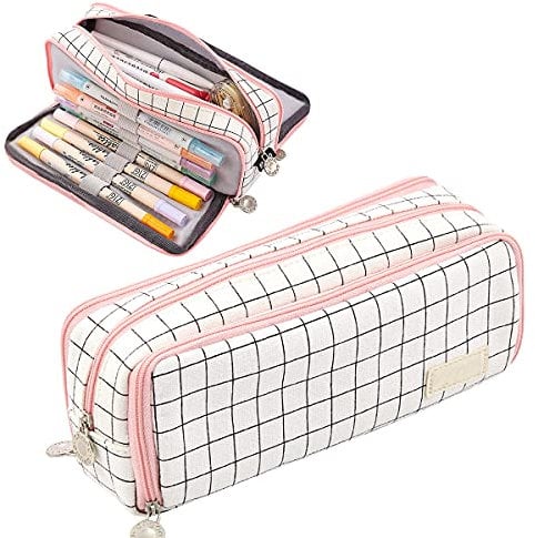 MAMUNU Große Kapazität Federmäppchen, 3 Fächer Große Aufbewahrung Canvas Pencil Pouch mit Reißverschluss, Aesthetic Pencil Pouch For School Students Teen Girls Boys (Pink White)