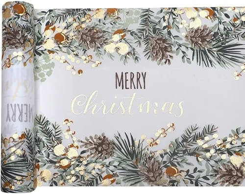 Tischläufer Weihnachten Tischdecke Tisch-Band MERRY CHRISTMAS in gold & grün mit Tannen-Zapfen Zweigen & Beeren Dekoration traditionelle Weihnachts-Deko Winter Weihnachten & Advent 1 Rolle = 2,5m