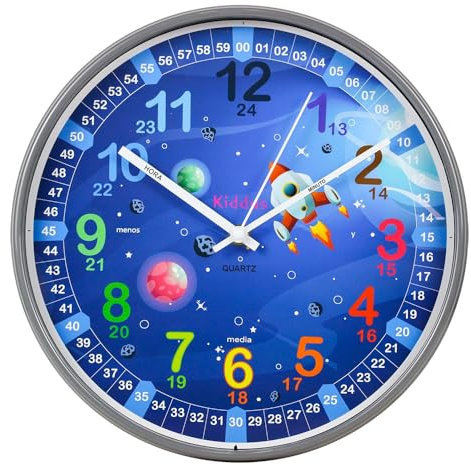 Kiddus Orologio da Parete Didattico per Bambini, Ragazzi. Analogico. Diametro 30cm. Con Esercizi per Imparare a Leggere l’Ora. Movimento al Quarzo Silenzioso.