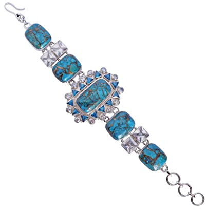 Ravishing Impressions Blue Copper Turquoise Blue Quartz Crystal Quartz Gemstone 925 Sterling Silver Bezel Setting Link Chain Bracelet With Fish Hook Closure FSJ-4834 April Birthday Jewelry