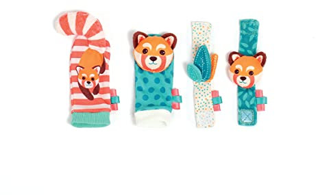 LUDI - Hochets Pieds Et Mains - Jouets D'Éveil Bébé - Dès La Naissance - Développe La Motricité Fine & La Dextérité - 2 Chaussettes + 2 Bracelets Réglables Avec Tête D'Animaux Colorés
