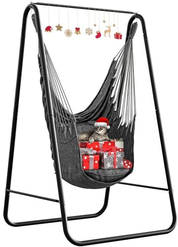 YITAHOME Hamac avec Support 92x39x11 cm, Cadre Robuste, Support de Hamac avec Balançoire Suspendue, Charge Maximale 150 kg, Chaise Suspendue avec 2 Crochets et 2 Coussins de Dossier pour Jardin, Noir