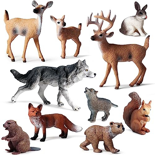 10pcs Forest Animal Toys Figures, Realistic Woodland Creatures Figurines, Plastic Animals Miniature Toys Cake Topper