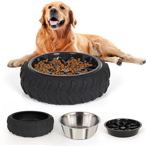 NCDCNI Dog Bowl, 3 in 1 Stainless Steel Dog Bowls for Small, Medium & Large Sized Dogs, Slow Feeder Dog Bowl with Non-Slip Suction Cups for Food and Water (Black)