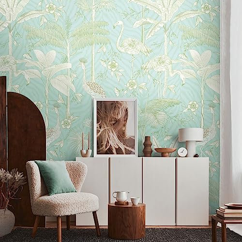 Livingwalls Vliestapete - Tapete Flamingo in Weiß, Grün und Hellblau - Wandtapete für verschiedene Räume - Wandbild XXL 2,80 m x 1,59 m