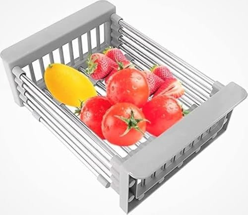 WXFLGH Abtropfgestell, einziehbar (26 CM-46,5 cm) Abtropfgestell aus Edelstahl zur Reinigung von Spülbecken oder Arbeitsplatten, Abtropfgestell für Obst und Besteck (Grau)