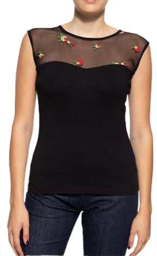 Queen Kerosin Damen Vintage Top T-Shirt Mesh Optik Rosen Stickerei Kurzarm Top Shirt 50´S Roses
