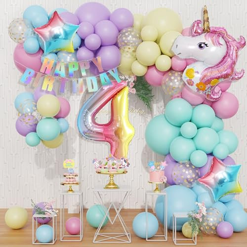 120 Stück 4th Einhorn Ballons Geburtstagsdekoration Mädchen Pastell Macaron Luftballon Girlande Arch Kit, Rosa Lila Confetti Latexballons mit Folienballon Zahl 4th Kuchen Topper Happy Birthday banner