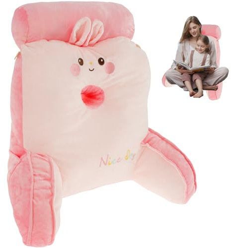 MENIBBLER Reading Pillow for Bed, Plush Reading And TV Relax Pillow, Portable Backrest Pillow Cartoon Back Support Pillow with Removable Pillow Cover for Reading Watching TV(Trumpet,Pink Rabbit)