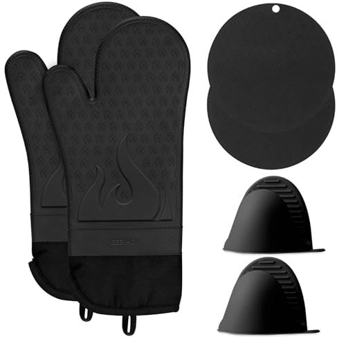 GEEKHOM Set di guanti da forno in silicone, resistenti al calore, guanti da cucina con presina, sottopentola, guanti impermeabili, accessori per barbecue, grigliate, fritture, barbecue, nero