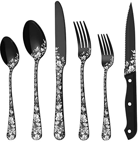 Ensemble d'argenterie noire avec couteaux à steak pour 4, 24 pièces de couverts en acier inoxydable pour 4 personnes, comprenant un ensemble de couteaux fourchette cuillère, poli miroir, passe au lav