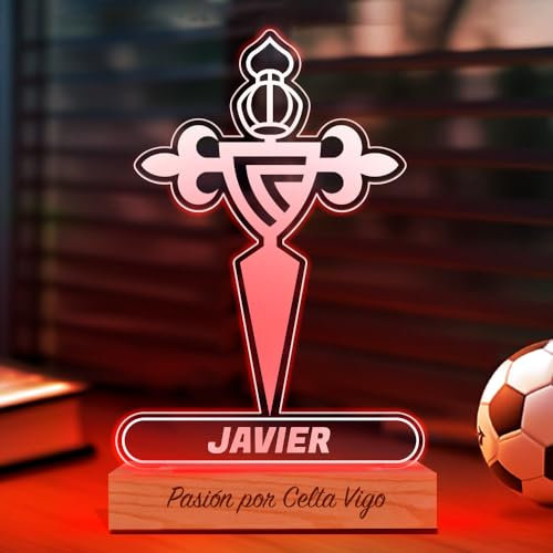 Transparent Gift Lámpara Personalizada Equipos Fútbol. Regalos Originales Cumpleaños Infantiles. Regalos para Hombres, Día del Padre. Diseño Escudo Celta Vigo de Metacrilato y Madera. Luz LED