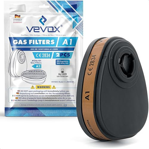 VEVOX® A1 Gasfilter im 2er Set - Schutz gegen organische Gase & Dämpfe mit Siedepunkt > 65°C - z.B. Lösemittel, Klebstoffe, Lacke, Alkohole und VoC's - Kompatibel mit der VEVOX® #HM5376 Halbmaske