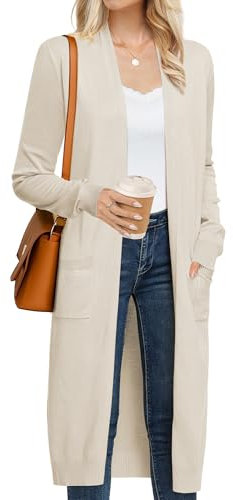 GRACE KARIN Women's 2025 Trendy Long Cardigans Sweater Lightweight Open Front Long Sleeve Maxi Duster Coats with Pockets, Beige, S