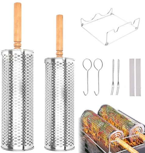 Foyucool Conjunto de Cestas para Parrilla Rodante, 2 Canasta de Barbacoa de Acero Inoxidable Espesado, Mango de Madera Extraíble, para Barbacoa al Aire Libre, Camping, para Carne Verduras