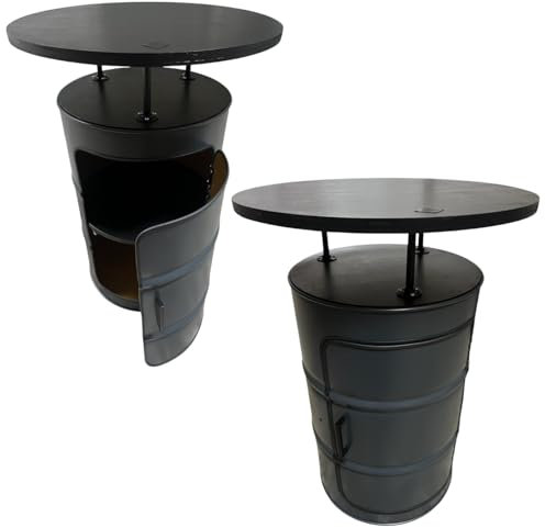 Fass Möbel Stehtisch in Schwarz, Bistrotisch, Partyraumtisch mit Tür, Regal, Holzplatte und Tischplatte, Handgefertigt in Deutschland, 80 x 115 x 80 cm (B x H x T) (Tischplatte-Honig)