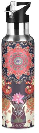 Yopersonalizes Insulated Water Bottle with Straw 600 ml/20 oz Elephant Mandala Stainless Steel Sports Water Bottles Leakproof Hot Cold Metal Drink Flask for Travel Gym