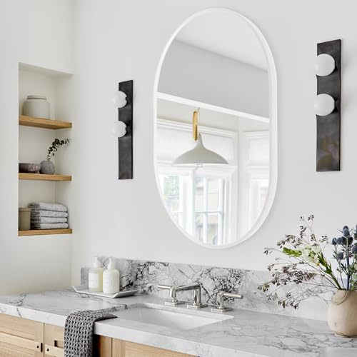 White Oval Mirror 50 x 70cm, Wall Mounted Mirror, Horizontal or Vertical | Hanging Wall Mirror for Makeup, Bathroom, Bedroom, Living Room & Hallway