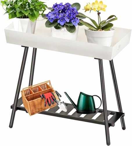 DHYGOTFUR Plant Stand Indoor Plant Shelf Outdoor,Waterproof Metal Plant Rack Holder for Patio, Garden, Living Room, White