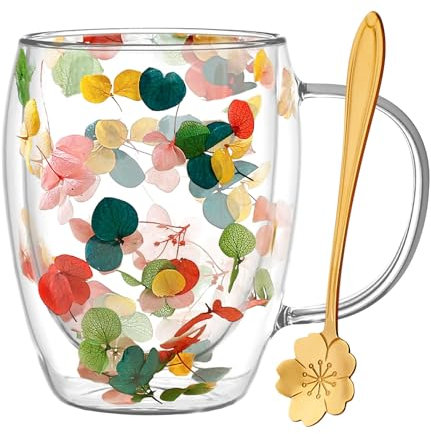 Regalos para mujeres, flores secas, tazas de café de vidrio de doble pared, lindas tazas de té de vidrio con asas, regalos de cumpleaños para mejor amiga, profesora, mamá, regalo para el hogar, ideas
