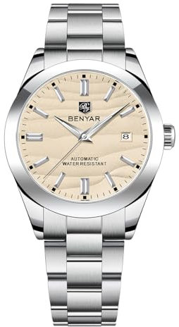 BENYAR Herren Automatikuhr 40MM Zifferblatt 50M Wasserdicht Leuchtzeiger mit Datum Klassische Edelstahl Herrenuhr(Gelb)