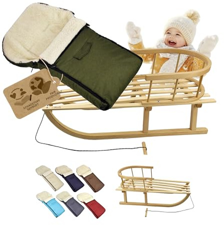 BambiniWelt KOMBI-ANGEBOT: Holzschlitten mit Rückenlehne & Zugseil + universaler Winterfußsack 90 cm- Lammwolle – warm, wasserabweisend, passend für Babyschale, Kinderwagen & Buggy (olive)