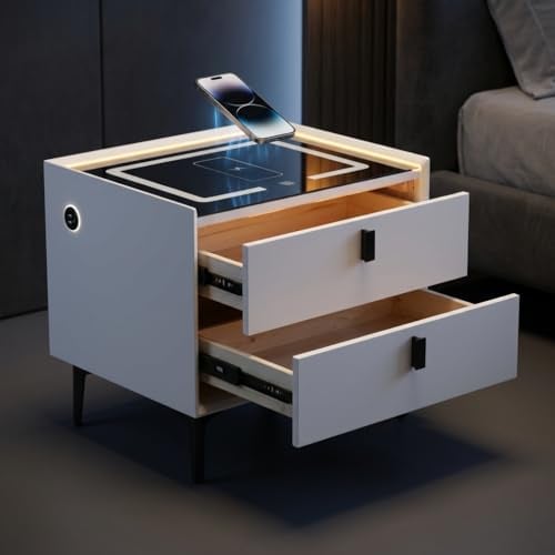 Oyajia Weiß Smart Nachttisch mit Funktion des Mobiltelefons kabelloses Aufladen, Nachttisch mit LED-Licht, 2 Schubladen Bettschrank, Kommode, Wohnzimmer, Schlafzimmermöbel Cremeweiß