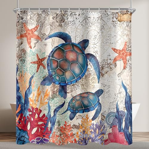 Lerores Duschvorhang 180x200cm, Schildkröte Seesterne Antischimmel Textil, Beschwerter Saum Wasserabweisend, Waschbar Polyester Badevorhänge mit 12 Ösen und Duschvorhangringe für Badezimmer, Badewanne
