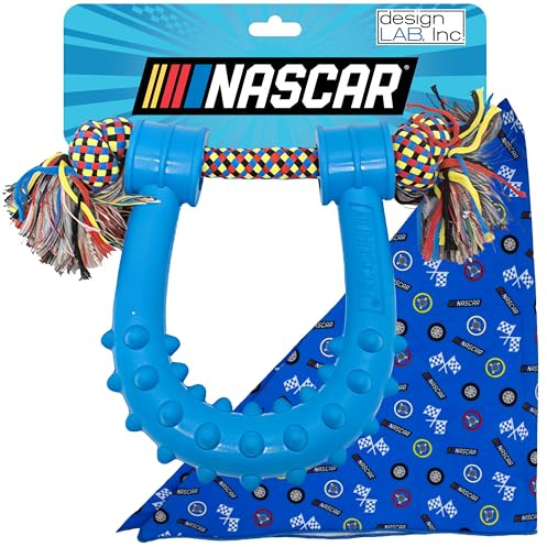 design LAB, Inc. NASCAR Official Merchandise | Spikey Rubber Chew Toy with Rope Tug & Bandana for Dogs| Interactive Dog Toys for Chewing, Tugging & Play | Official NASCAR Pet to and Accessory Bundle