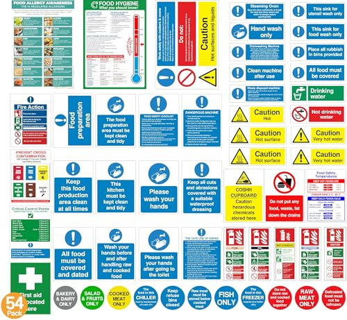 Rubigo Set completo di cartelli di sicurezza per cucina, 54 adesivi autoadesivi impermeabili e resistenti al calore, conformi ISO 7010, uso commerciale in cucina, igiene alimentare, allergie, azione