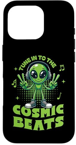 Cosmic Beats Alien con auriculares música retro y vibraciones espaciales Carcasa para iPhone 16 Pro