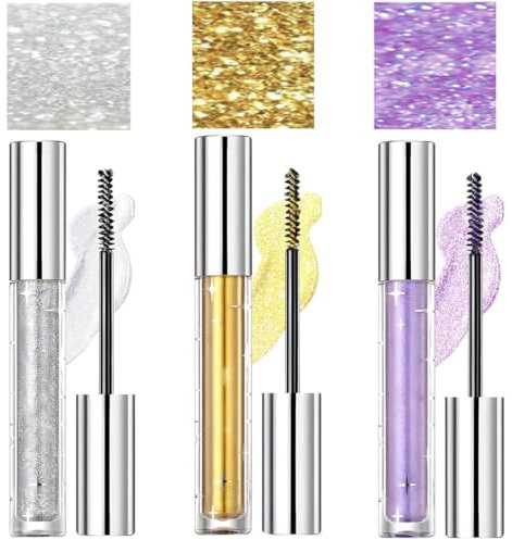 3 Farben Glitter Mascara, Glitzer Mascara, Colour Mascaras, Lang Anhaltend, Wasserfest, Geeignet FüR Party, Hochzeit, Versammlung, TäGliche Reisen(Silver/Gold/Purple)