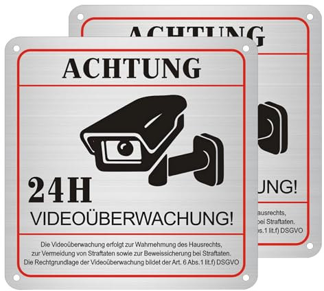 AMSGANK Achtung Videoüberwachung Schild mit DSGVO Hinweis, 2 Stück 15x15cm Aluminium Metall Schilder Kameraüberwachung Selbstklebend Schild Kamera Überwachung, Warnschild