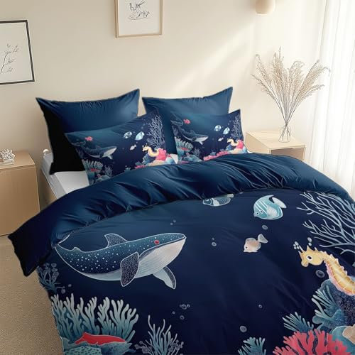 XCQHZYQ Kinderbettwäsche 135x200 cm Cartoon Meerestiere 3 Teilig Bettwäsche Bettbezug Set Blau Polyester Baumwolle Bettbezüge für Kinder Jungen Mädchen, Bettwäsche Set mit Kissenbezug