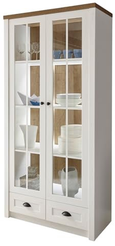 Furn.Design Vitrine in weiß Pinie und Eiche hell, Landhaus Vitrinenschrank 90 x 198 cm, Seyne
