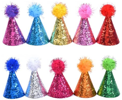 10 Stück Partyhüte für Kuscheltiere, Verstellbare Blitzkappe, Mini Partyhüte für Kuscheltiere, Happy Birthday-Hut, Kindergeburtstagszubehör, Dekorationen, Pompom-Party-Hüte für Kinder und Erwachsene