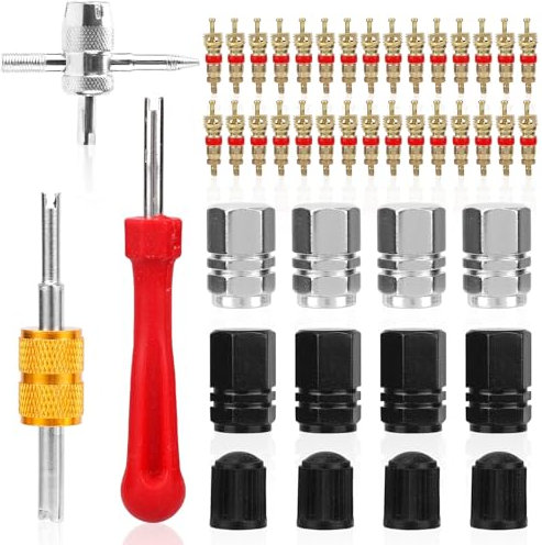 BOXOB Tire Valve Stem Repair Tool Set, 4-in-1 Tyre Valve Core Puller & Installer Double-Use Wrench Stem Caps Removal Replacement Kit Remover Tool for Car Truck and Motorcycle Tire Maintenance