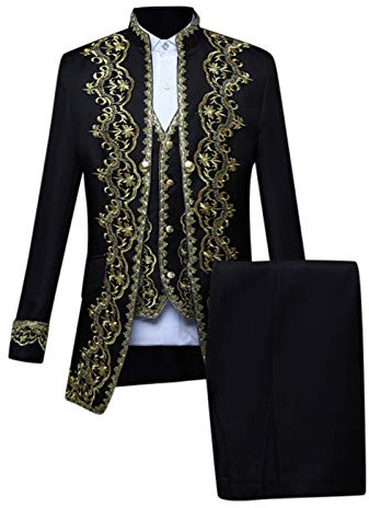 Costume de prince pour homme 3 pièces - Manteau de noble pour homme - Broderie avec gilet de costume et pantalon - Veste gothique médiévale - Costume steampunk frack prince royal - Tenue d'Halloween